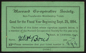 Membership ticket for the Harvard Co-operative Society, Cambridge, Mass., September 25, 1894