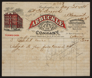 Billhead for the Arbuckle Company, manufacturing confectioners, corner of Maple & Champlain Streets, Burlington, Vermont, dated May 30, 1902
