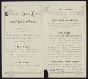 Brochure for the Massapoag Lake Hotel, Sharon, Mass., 1881