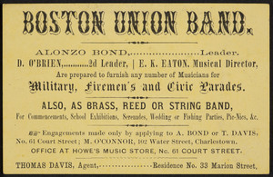 Trade card for the Boston Union Band, office, Howe's Music Store, No. 61 Court Street, Boston, Mass., undated