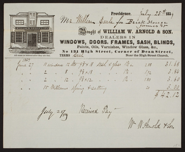 Billhead for William W. Arnold & Son, windows, doors, No. 131 High Street corner of Dean Street, Providence, Rhode Island, dated July 25, 1859