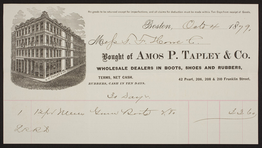 Billhead for Amos P. Tapley & Co., dealers in boots, shoes and rubbers, 42 Pearl, 206, 208 & 210 Franklin Street, Boston, Mass., dated October 4, 1879