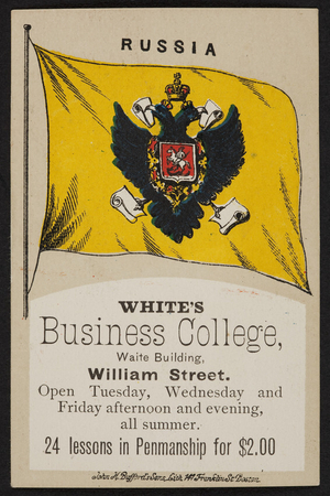Advertising card for White's Business College, Waite Building, William Street, New Bedford, Mass., undated