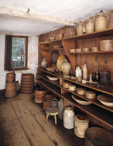 Buttery showing storage containers, Coffin House, Newbury, Mass.