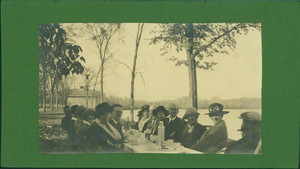 Half-length group portrait of Bowen Family picnic, seated, facing front, Roseland Park, Woodstock, Conn., undated