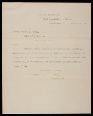 M. J. Durham to Thomas Lincoln Casey, February 4, 1889, copy