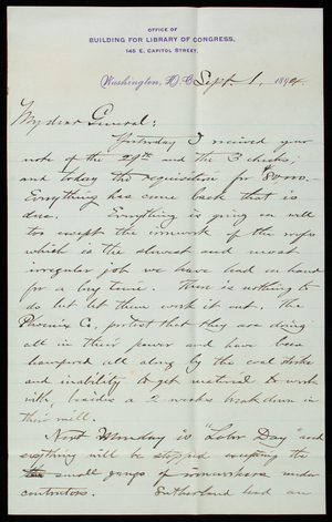 Bernard R. Green to Thomas Lincoln Casey, September 1, 1894