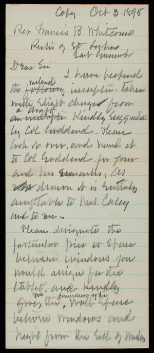Thomas Lincoln Casey to Reverend Francis B. Whitcomb, October 3, 1895, copy