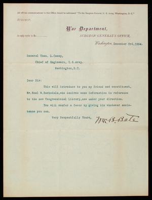 William B. Bate To Thomas Lincoln Casey, December 3, 1894 - Digital ...