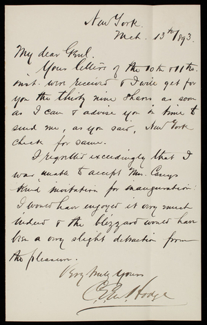 [Charles] E. M. Hodge to Thomas Lincoln Casey, March 13, 1893