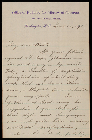 [Bernard R.] Green to Edward Pearce Casey, December 12, 1892