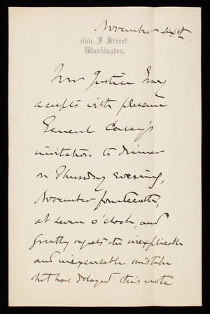Justice Gray to Thomas Lincoln Casey, November 6, 1889