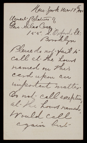 NY Agt, College of Electrical Engineering to General relatives of General Silas Casey, March 17, 1885
