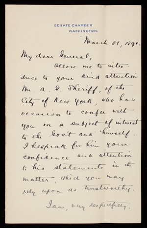 Senator William M. Evarts to Thomas Lincoln Casey, March 31, 1890
