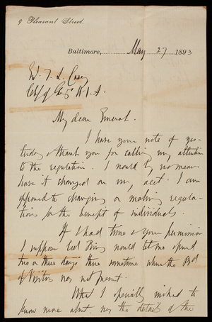 [William] P. Craighill to Thomas Lincoln Casey, May 27, 1893