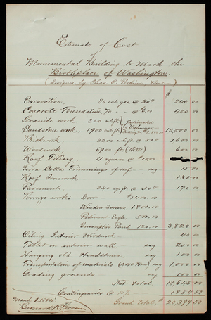 Bernard R. Green, Estimate of Cost of Monumental Building to Mark the Birthplace of Washington, March 1, 1884