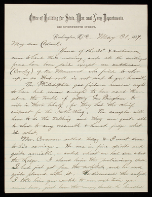 Bernard R. Green to Thomas Lincoln Casey, May 31, 1887