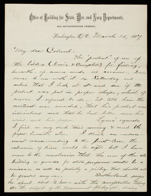 Bernard R. Green to Thomas Lincoln Casey, March 15, 1887