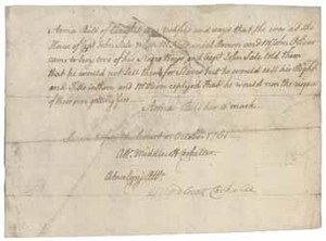 Testimony of Anna Bill (manuscript copy) about the sale of two slaves, October 1761