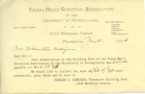 Letter from Young Men's Christian Association of the University of Pennsylvania to Tokumatsu Nakajima