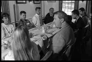 Bob Meers (center) in a lunch-time discussion with Isenberg School of Management students at the University Club, UMass Amherst