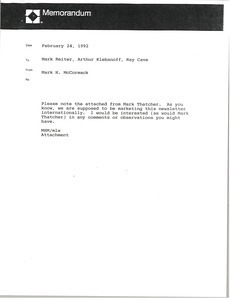 Memorandum from Mark H. McCormack to Mark Reiter, Arthur Klebanoff and Ray Cave