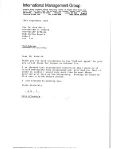 Letter from Mark H. McCormack to Sir Patrick Neill