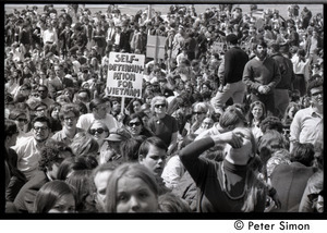 Resistance on the Boston Common: view of the crowd: sign reading 'Self determination for Vietnam'