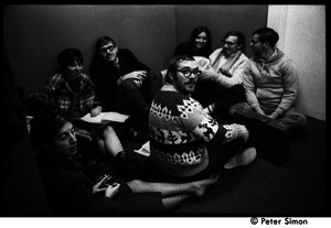 Protesters sitting in a circle during the occupation of the University Placement Office, Boston University, opposing on-campus recruiting by Dow Chemical Co.