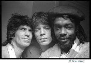 Keith Richards, Mick Jagger, and Peter Tosh (from left) posing before Tosh's performance on Saturday Night Live