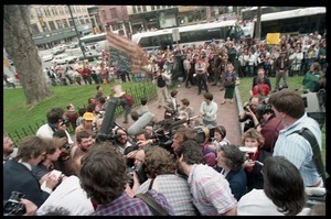 News media packed on the front steps of the Hampshire County Courthouse, interviewing Amy Carter after her acquittal in the CIA protest case