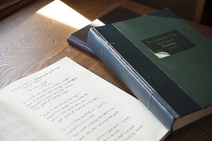 Guest ledger entry and logbook on a table at Naulakha, Rudyard Kipling's home from 1893-1896