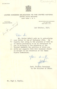 Letter from Great Britain United Nations Delegation to Hugh H. Smythe