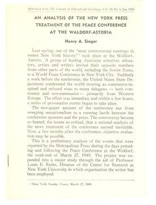 An Analysis of the New York Press treatment of the Peace Conference at the Waldorf-Astoria
