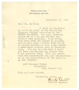 Letter from Babette Deutsch to W. E. B. Du Bois