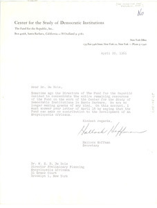Letter from Fund for the Republic, Inc. to W. E. B. Du Bois