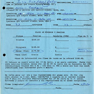 Form to reserve kiosks and tables for the Festival Puertorriqueño de Massachusetts, filled out by Julio Pina