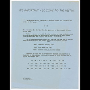 Flier for meeting about urban renewal efforts on July 15, 1965