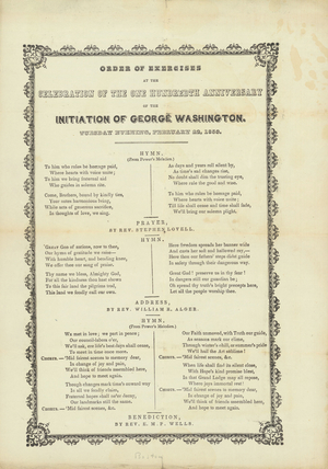Order of Exercises at the One Hundredth Anniversary of the Initiation of George Washington
