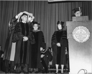 John Joseph Moakley (JD 1956) receives honorary Doctorate of Public Administration at the 1977 Suffolk University commencement