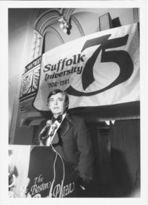President David J. Sargent (1989-2010) speaking at Suffolk University's 75th Anniversary event