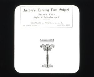 1906 advertisement about Archer's Evening Law School which later became Suffolk University Law School