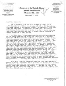 Letter from John Joseph Moakley to President Ronald Reagan, listing the atrocities being committed in El Salvador and asking him to stop military funding, 1 February 1982