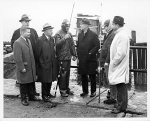 John Joseph Moakley meeting with fishermen near the docks, circa 1960s
