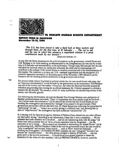 Report from El Rescate Human Rights Department, "Report from El Salvador, November 12-19, 1990," regarding the one year anniversary of the Jesuit murders, progress of the investigation, and political pressure to solve the murders. The document also includes a released statement from the U.S. Department of State regarding FMLN attacks in El Salvador, 21 November 1990