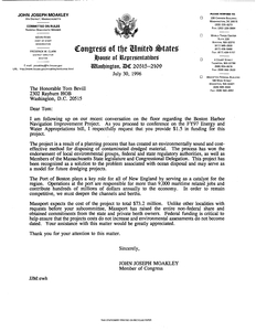 Letter from John Joseph Moakley to Tom Bevill regarding the Boston Harbor Navigation Improvement Project, 30 July 1996