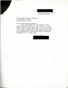Correspondence between John Joseph Moakley and a Westwood resident regarding busing, 31 October 1975