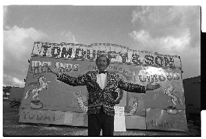 Duffy's Circus. Shots of Mr. Duffy at the front of the circus tent