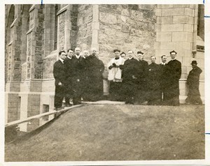 Saint Mary's Hall exterior during construction, cornerstone laying with Patrick S. Foley, John C. O'Connell, Bernard Malone, John S. Keating, William J. Conway, Charles W. Lyons, William V. Corliss, William Devlin, Michael Jessup, Ignatius Novik, Owen F. Hayes, William Logue, and Daniel P. Creedon