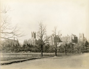 Devlin Hall, Gasson Hall, Saint Mary's Hall, and Bapst Library from path around reservoir, by Clifton Church